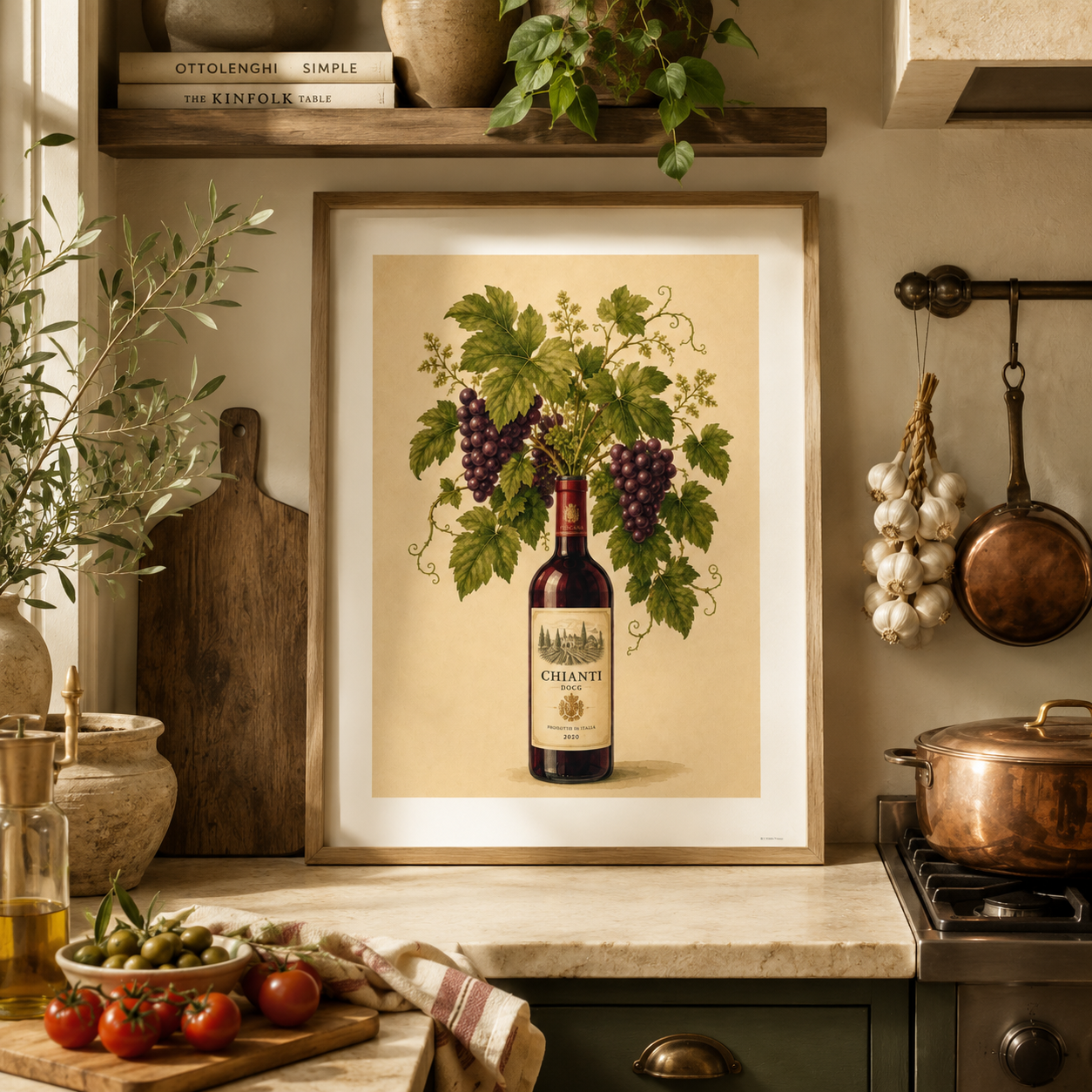 Tuscan-inspired wine bottle wall art featuring purple grapes and botanical leaves in soft watercolour tones.