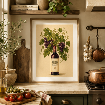 Tuscan-inspired wine bottle wall art featuring purple grapes and botanical leaves in soft watercolour tones.