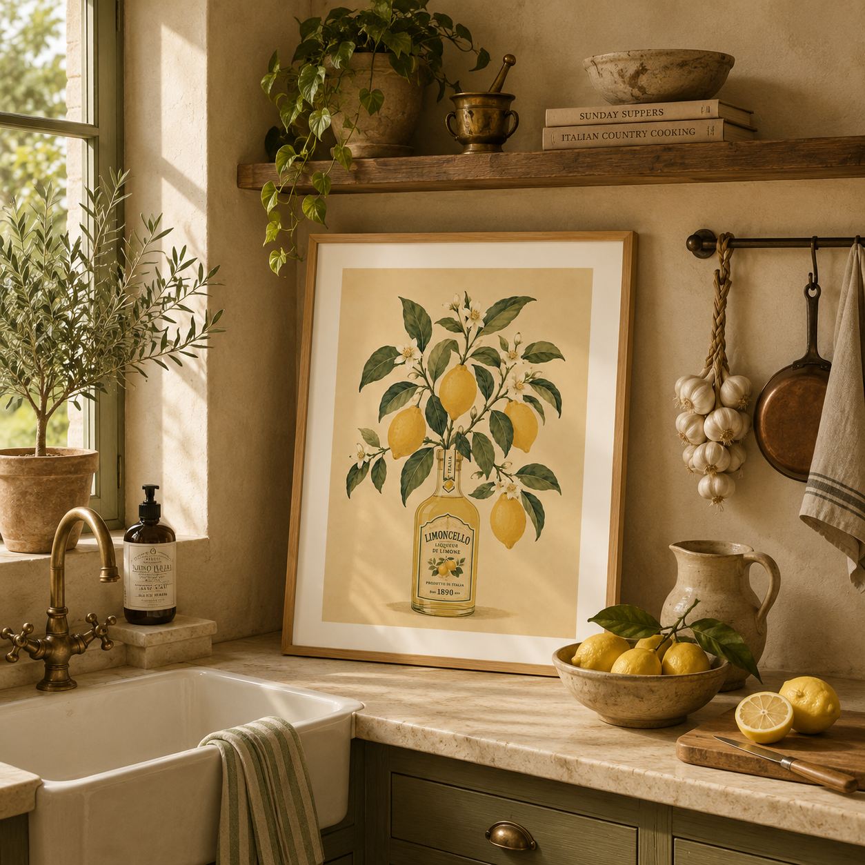 Italian Limoncello wall art inspired by the Amalfi Coast with soft watercolour lemons and vintage botanical styling.