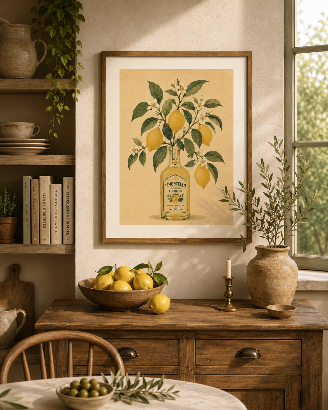 Mediterranean kitchen wall art with a Limoncello bottle, lemon branches and botanical flowers in warm neutral tones.
