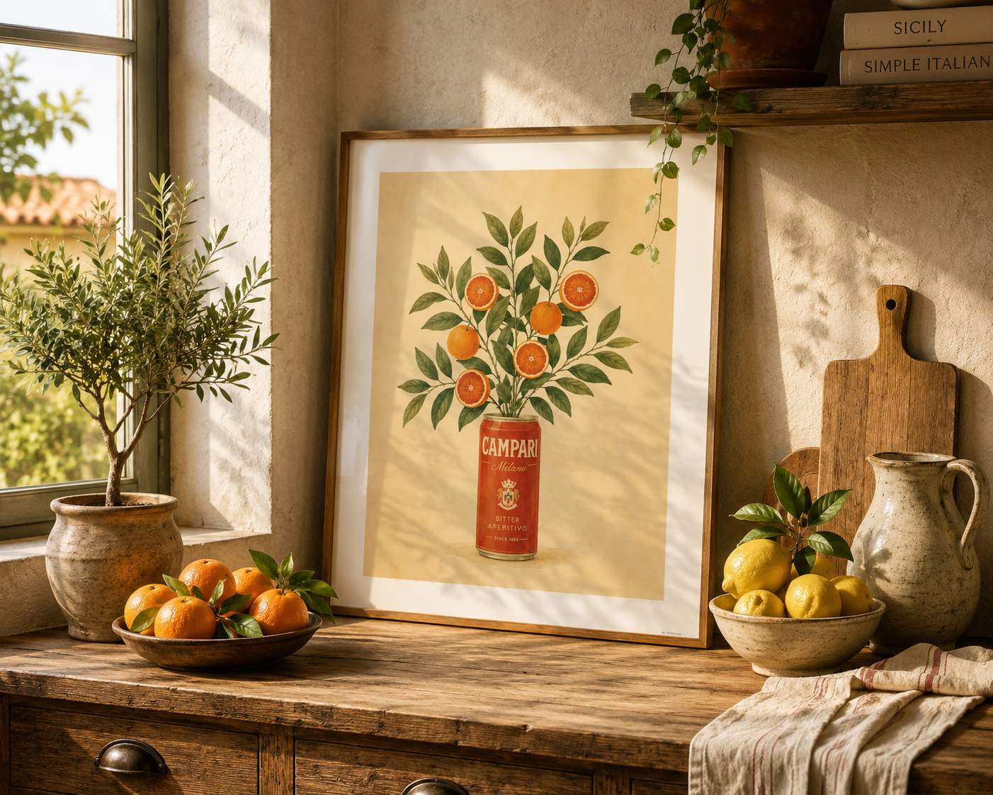 Italian Campari wall art with orange branches in a soft watercolour botanical style.