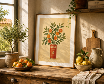 Italian Campari wall art with orange branches in a soft watercolour botanical style.