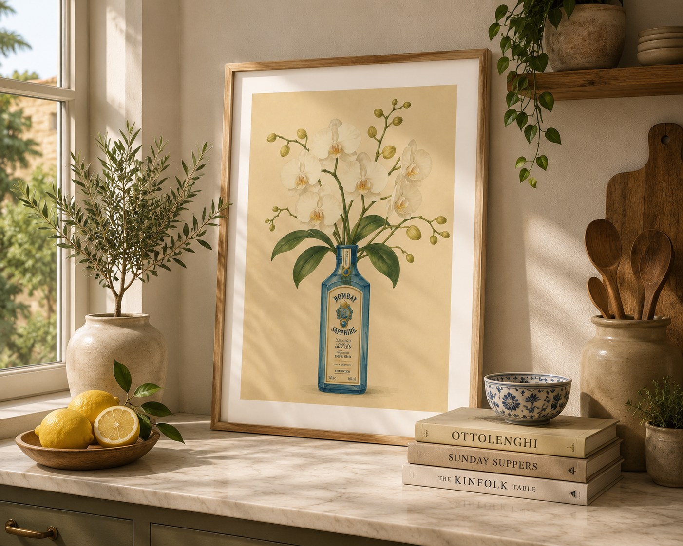 Blue Bombay Sapphire bottle wall art featuring elegant orchid flowers in a soft watercolour botanical style.
