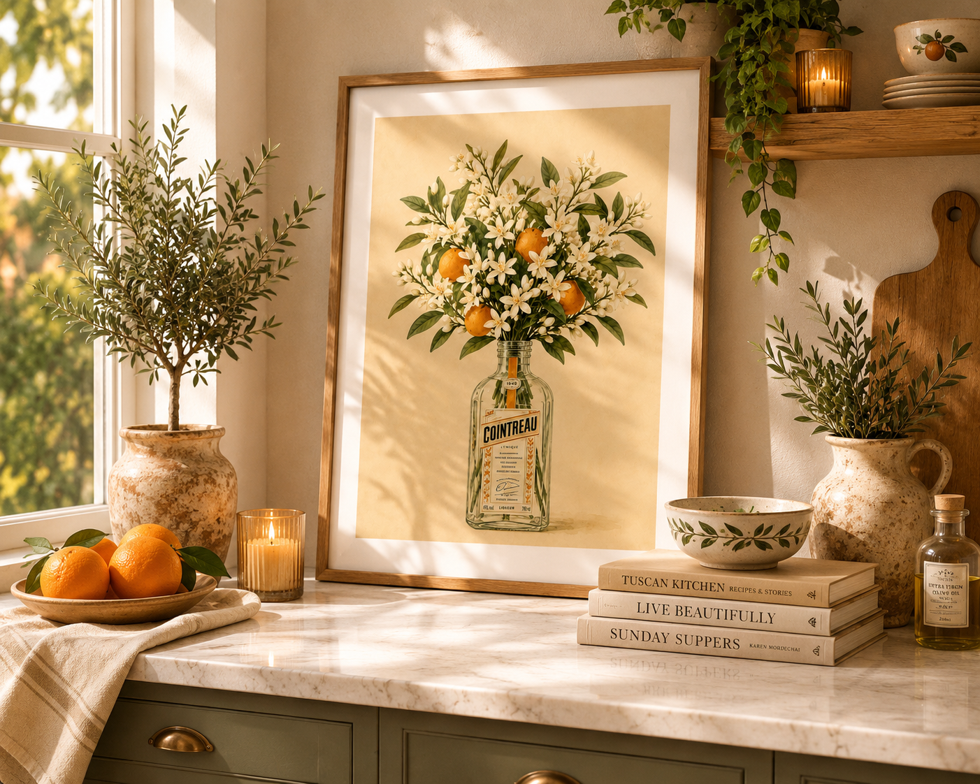 Mediterranean kitchen wall art featuring a Cointreau bottle surrounded by citrus blossoms and fruit. 🍊🤍🌿