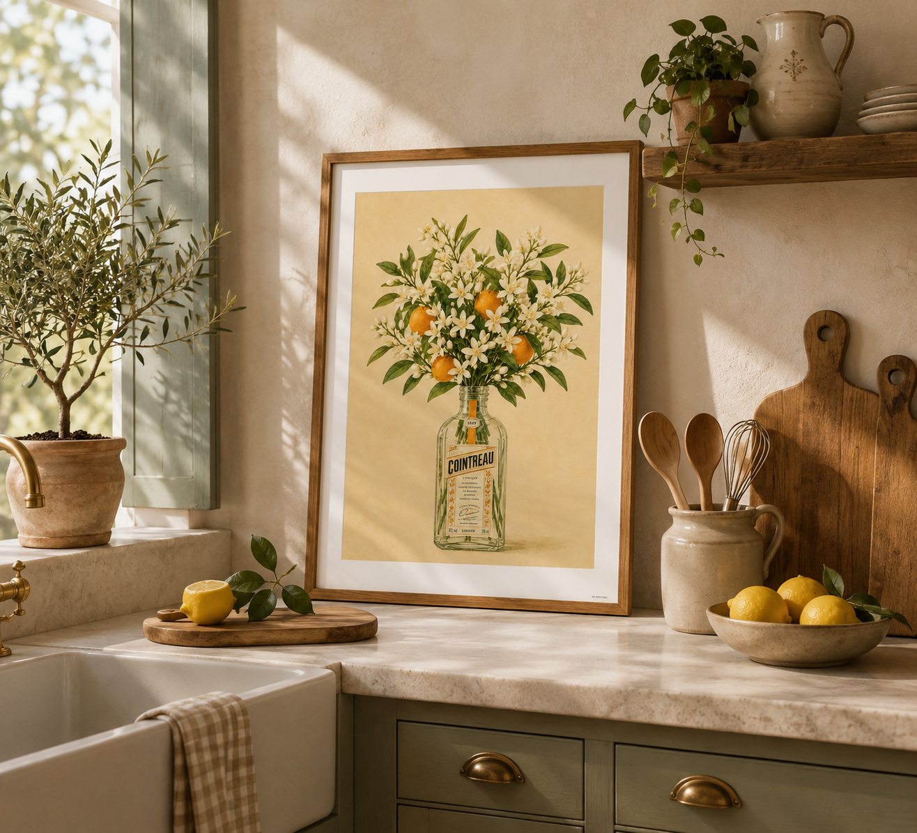 French Riviera inspired orange blossom wall art in a soft watercolour botanical style.