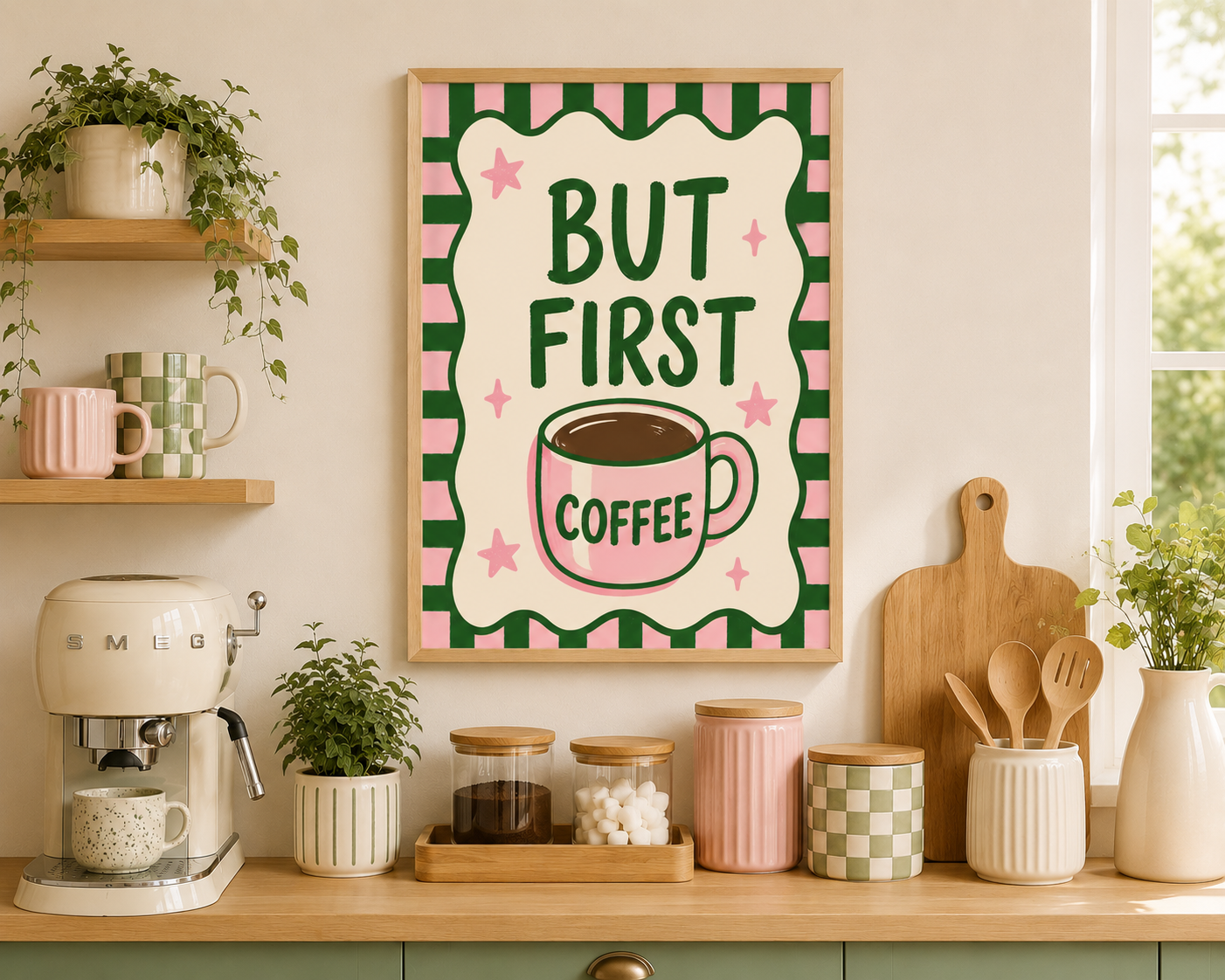 Coffee station wall art in pink and green displayed in a neutral kitchen