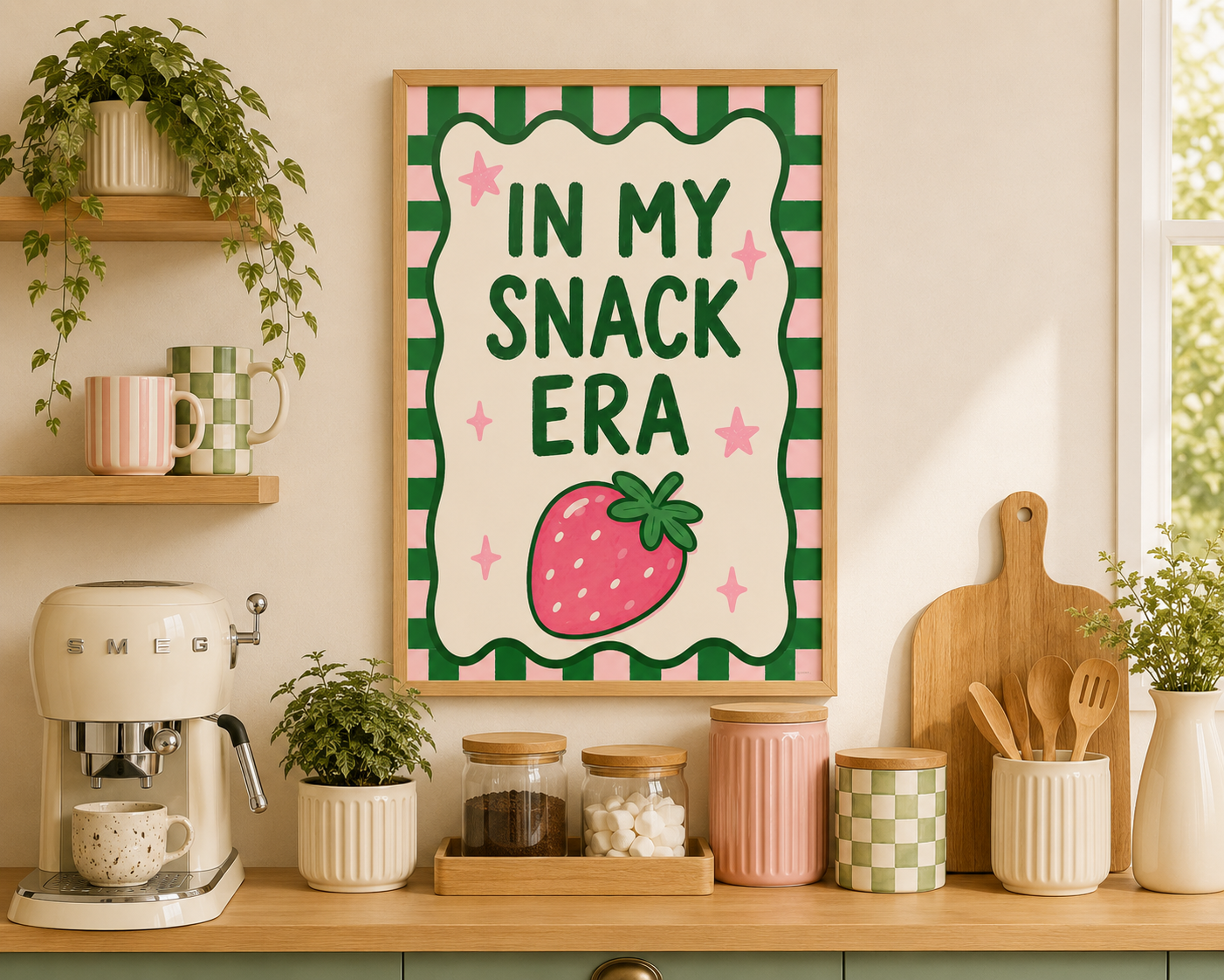 Strawberry kitchen decor print displayed in a neutral kitchen setting