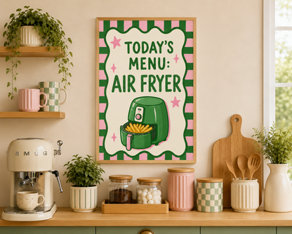 Funny air fryer kitchen decor displayed in a modern neutral kitchen