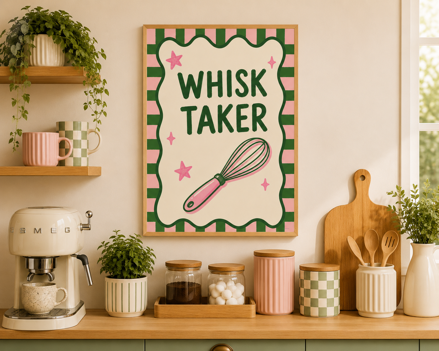 Funny baking wall art displayed in a neutral kitchen setting