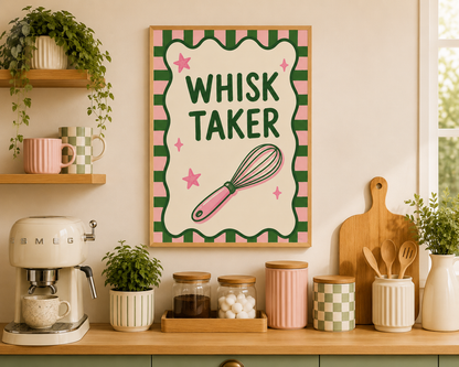 Funny baking wall art displayed in a neutral kitchen setting