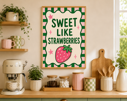 Strawberry-themed kitchen decor displayed in a neutral kitchen setting