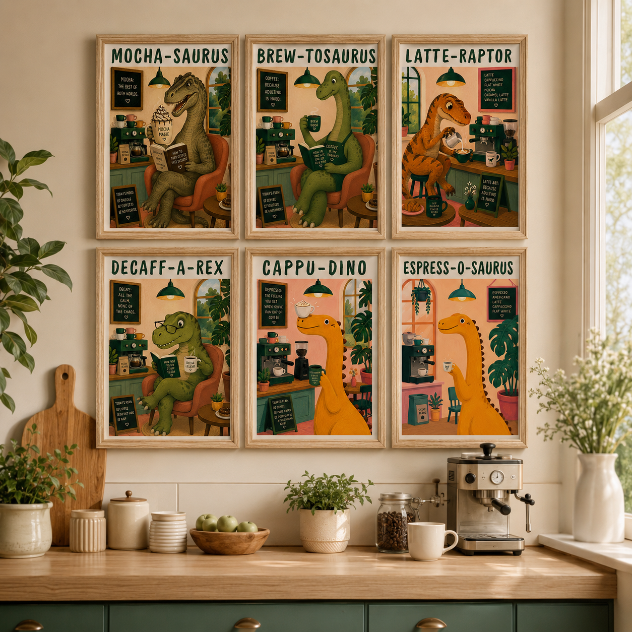 Colourful kitchen wall art print with dinosaur coffee lover illustration and coffee shop theme