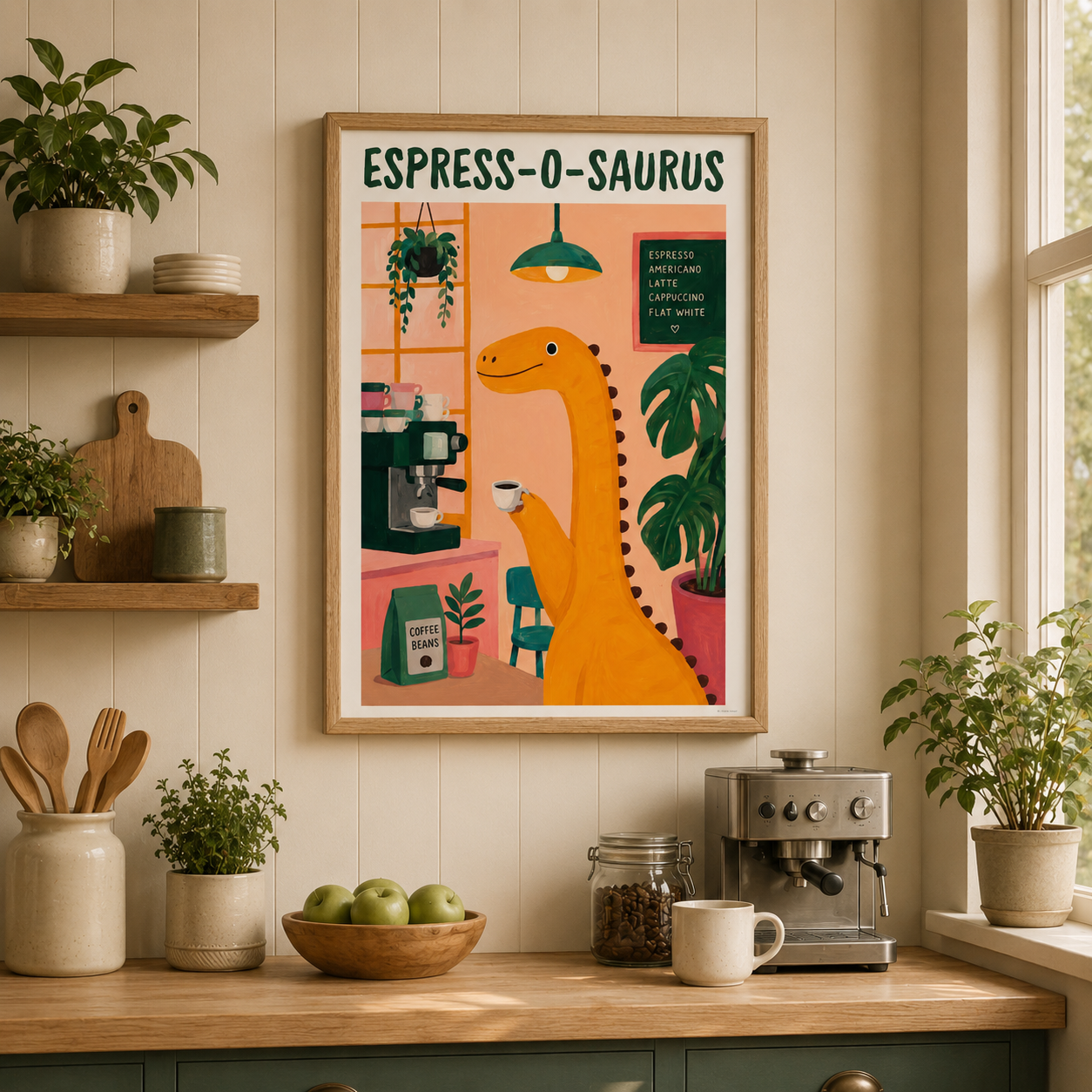 Funny dinosaur coffee poster featuring a friendly dinosaur holding espresso in café setting