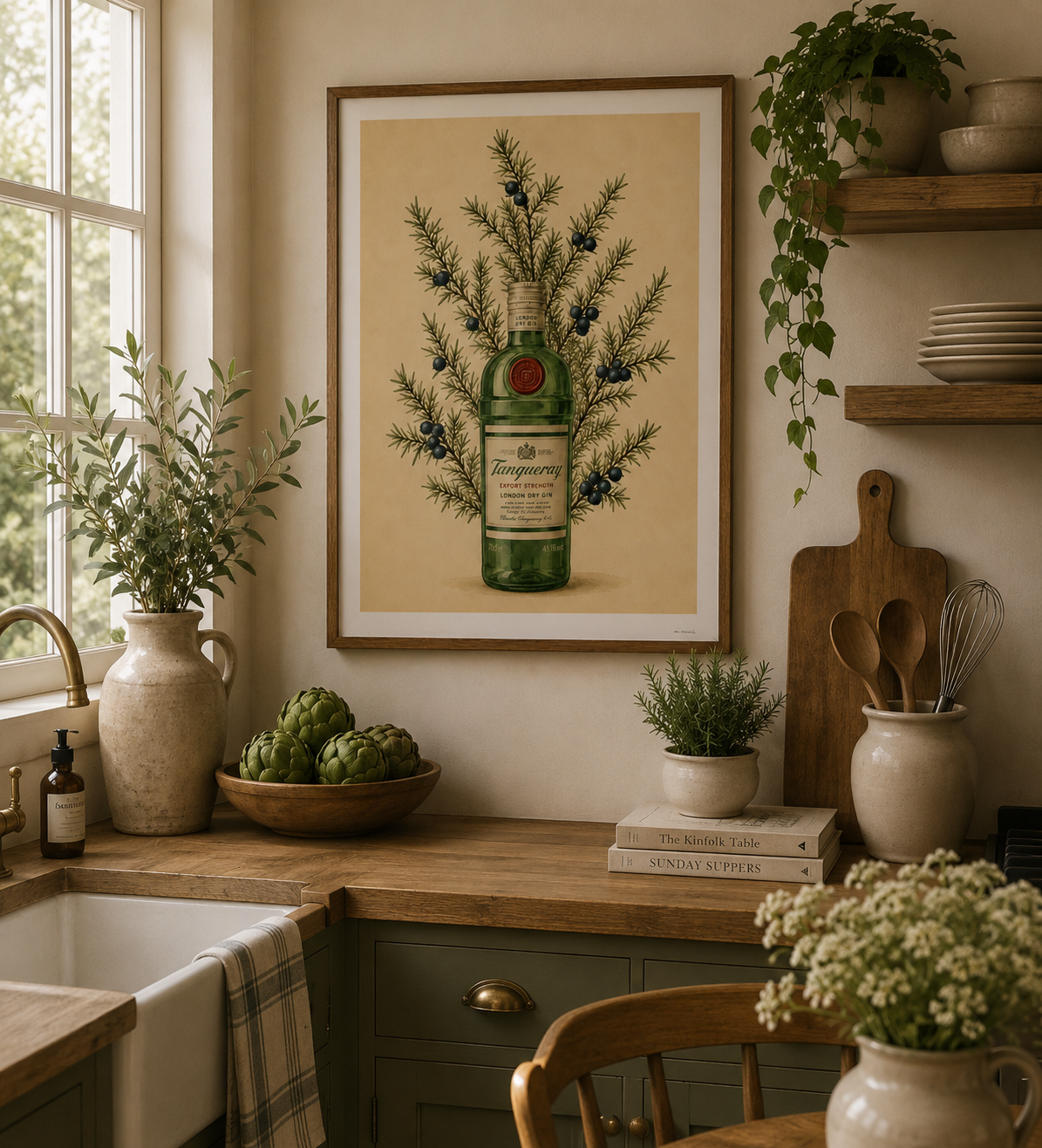 Farmhouse kitchen wall art with Tanqueray Gin bottle and botanical juniper branches.