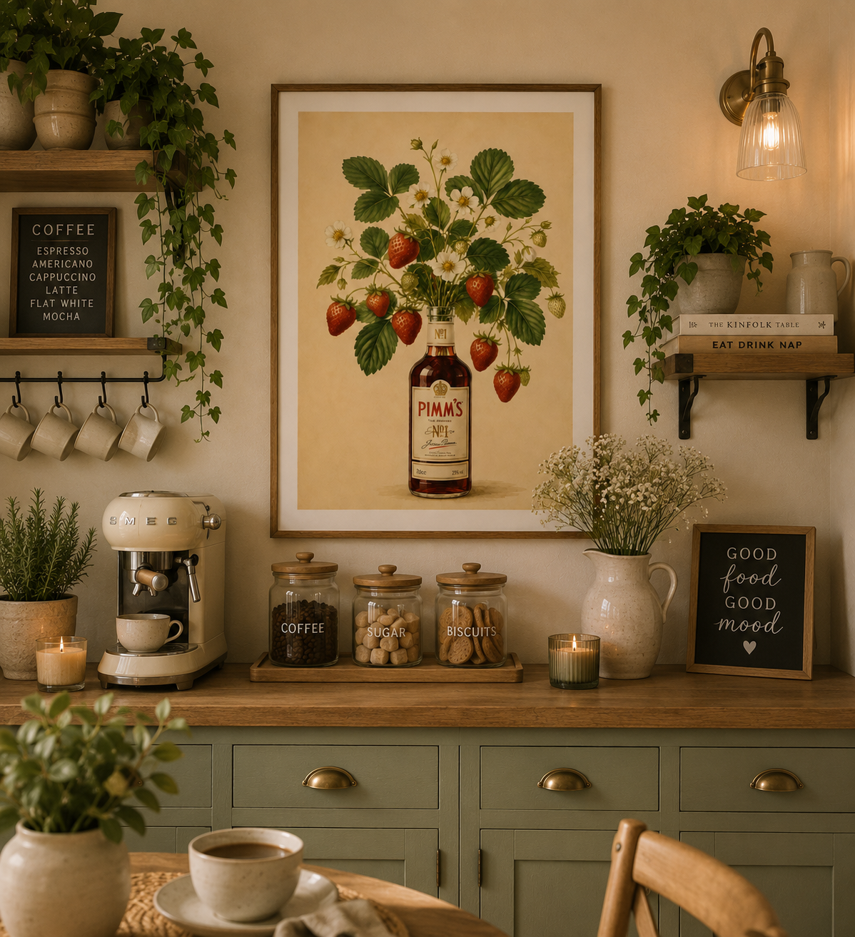 Cottagecore kitchen wall art with strawberry plant illustration displayed in a Pimm's bottle.