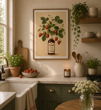 Summer-inspired fruit wall art with strawberry foliage and Pimm's bottle perfect for country kitchens and coffee stations.