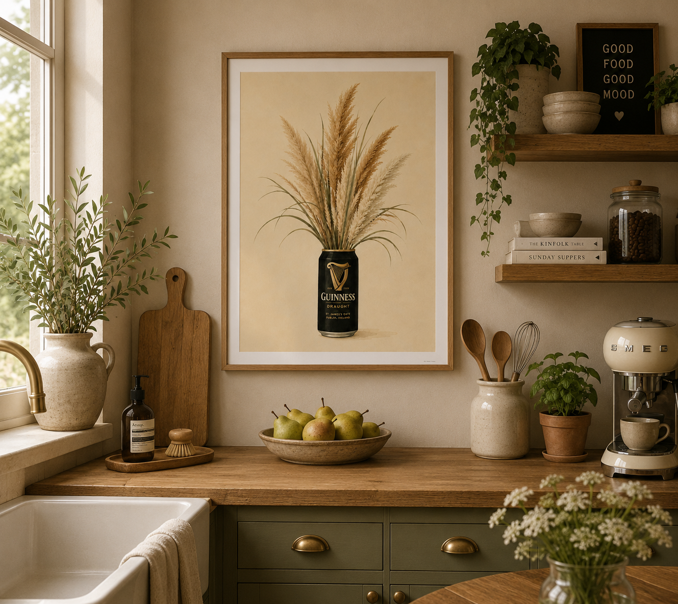 Neutral kitchen wall art with pampas grass arranged inside a Guinness can in vintage botanical style.