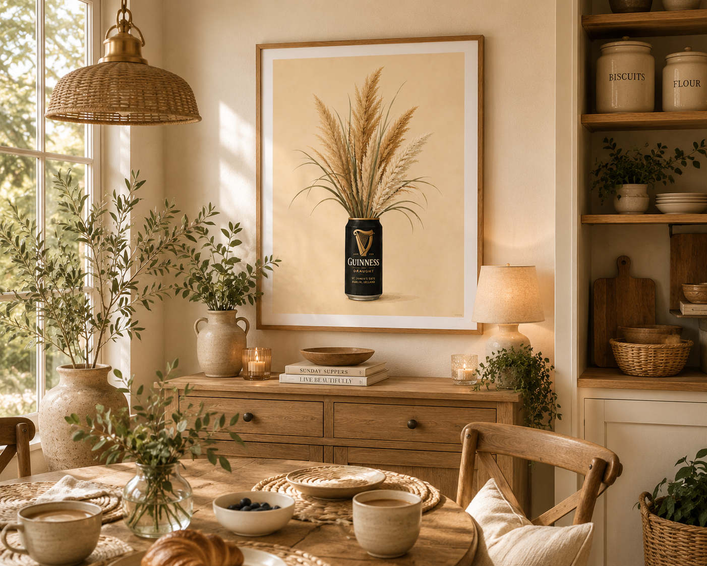 Rustic farmhouse botanical print with beige pampas grass and Guinness can illustration perfect for dining rooms and breakfast nooks.