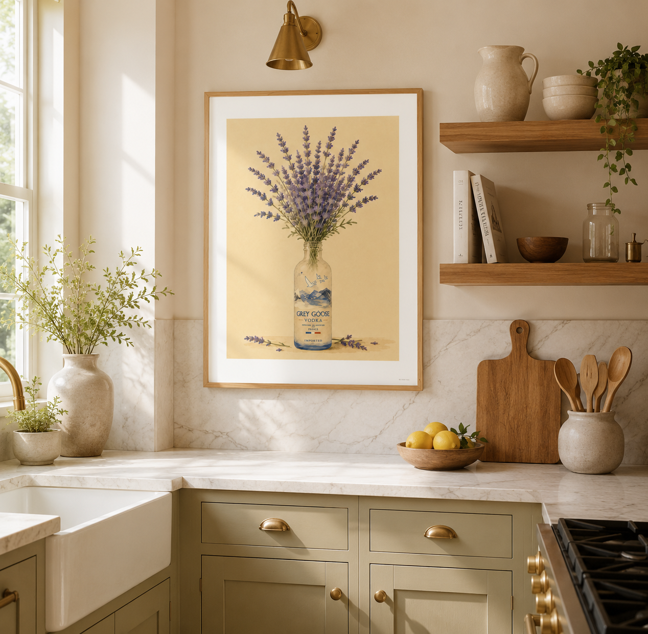 Botanical lavender print with soft cream background and delicate purple blooms displayed in a Grey Goose vodka bottle. Ideal wall art for farmhouse kitchens, dining rooms and cottagecore interiors.