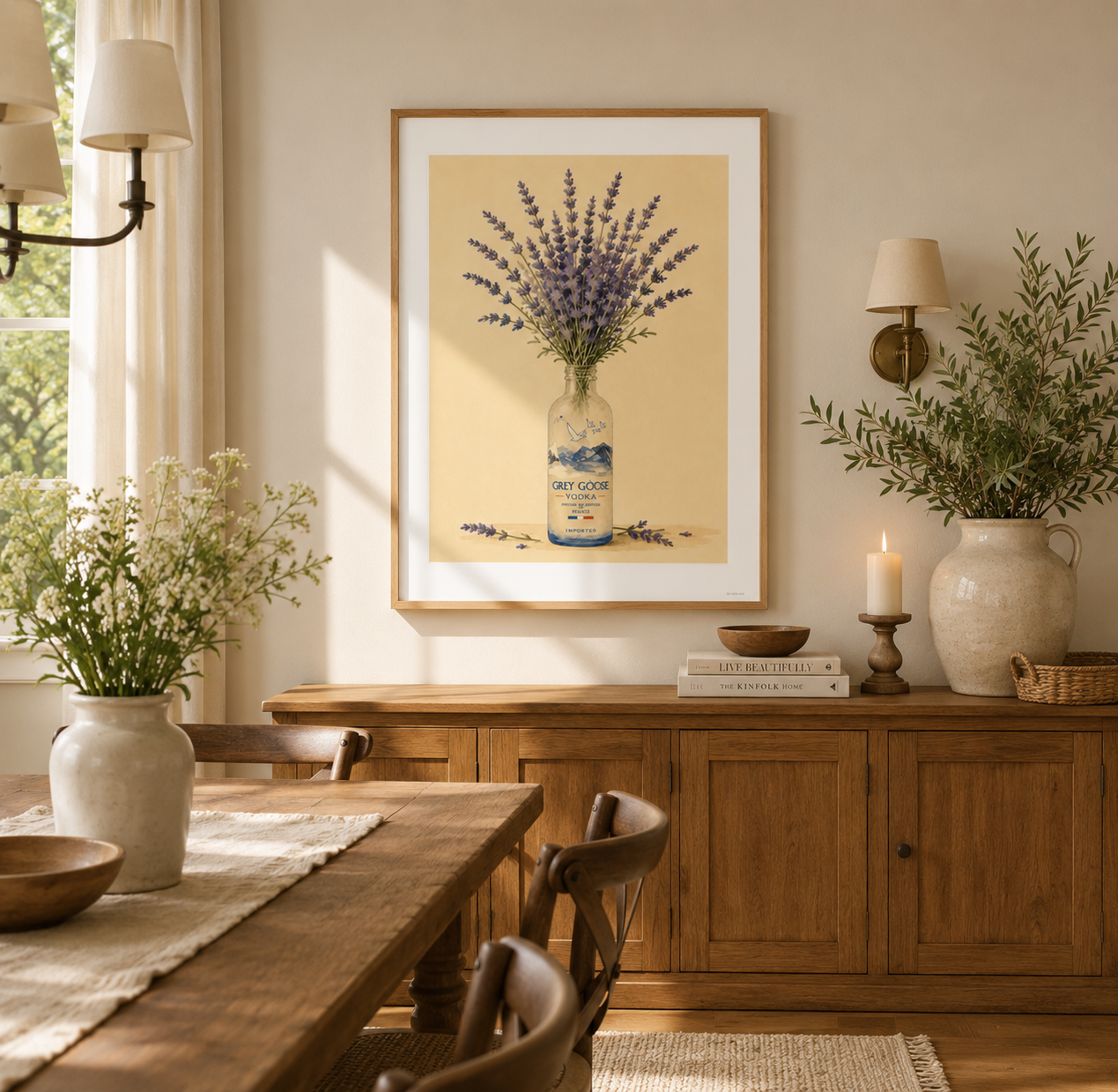Vintage-inspired lavender bouquet artwork in a Grey Goose bottle, designed in a French country style. Elegant botanical wall décor perfect for rustic kitchens, Mediterranean homes and breakfast nooks.