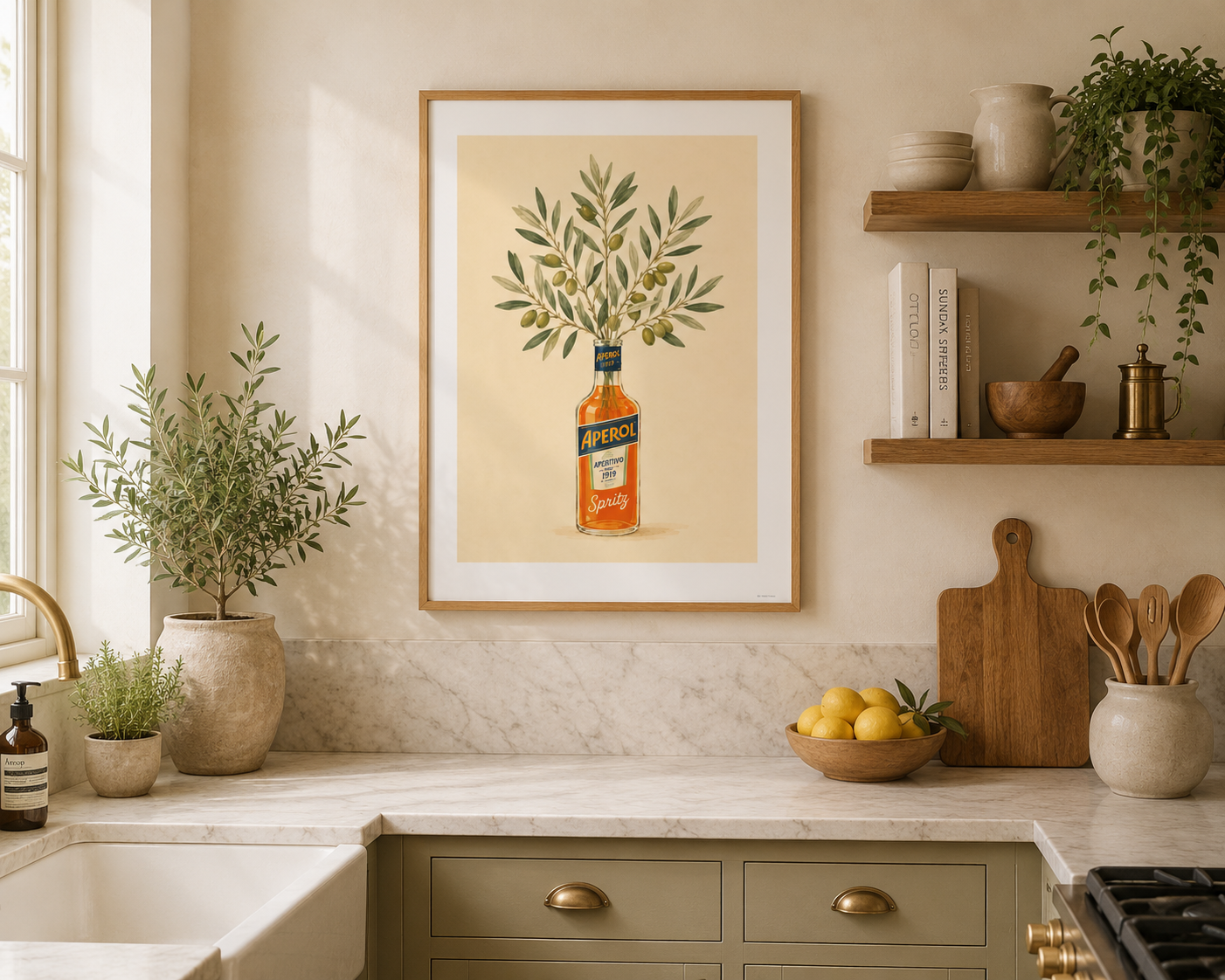 Italian coastal wall art showcasing botanical olive stems in an Aperol Spritz bottle. Rustic Mediterranean print inspired by European villas and timeless farmhouse interiors.