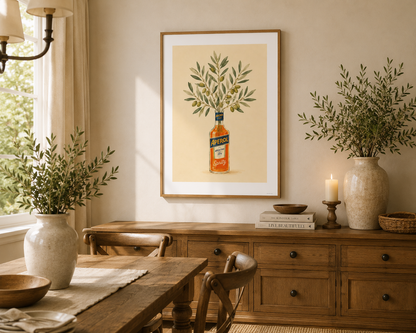 Elegant olive branch artwork with a classic Aperol bottle on a soft cream background. Mediterranean wall decor ideal for kitchens, breakfast nooks, home bars and dining spaces.