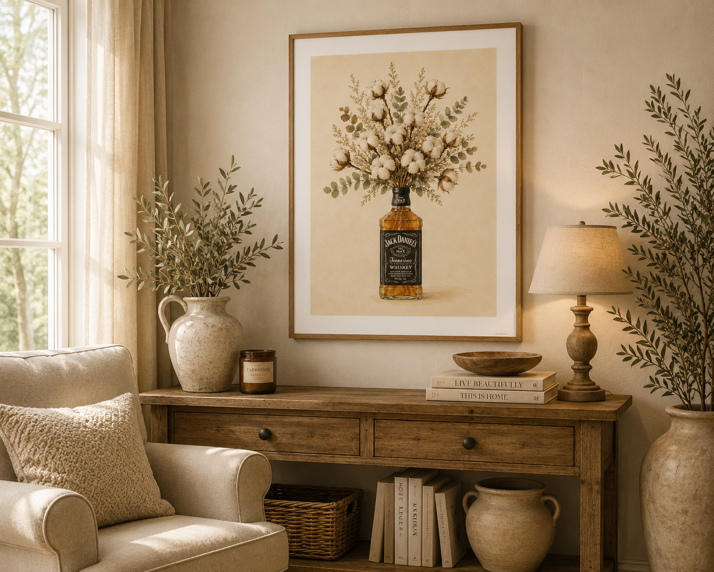 Country-inspired Jack Daniels cotton bouquet print with warm neutral tones and delicate eucalyptus foliage. Elegant farmhouse wall art for rustic kitchens, dining rooms and cottage-style interiors.