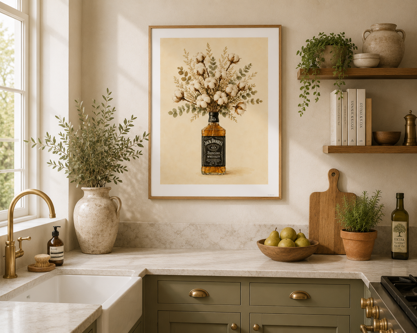 Farmhouse cotton flower artwork with cream cotton blooms displayed in a Jack Daniels bottle. Rustic botanical wall decor ideal for kitchens, breakfast nooks, home bars and cosy living spaces.