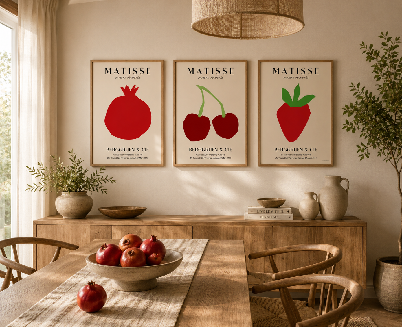 Scandinavian-style botanical wall art set of three with vibrant fruit illustrations perfect for kitchens, dining rooms and Mediterranean-inspired interiors.