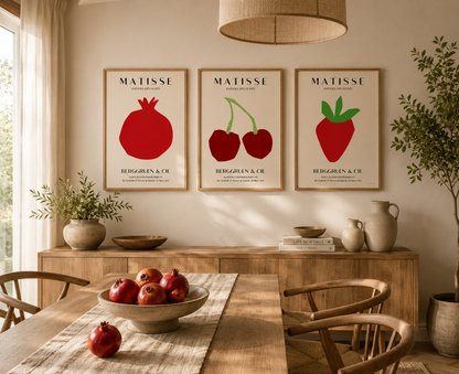 Scandinavian-style botanical wall art set of three with vibrant fruit illustrations perfect for kitchens, dining rooms and Mediterranean-inspired interiors.