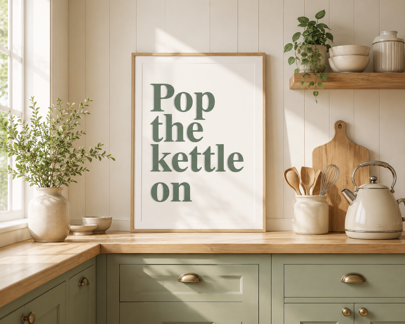 Minimalist sage green kitchen quote print reading "Pop The Kettle On" displayed in a Scandinavian-inspired kitchen featuring cream tones, oak details and cosy farmhouse styling.
