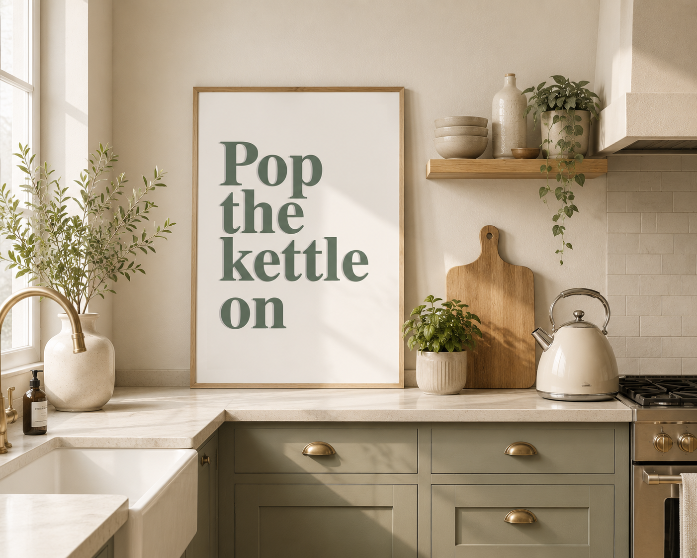 Modern kitchen wall art with "Pop The Kettle On" typography in soft green lettering, framed in natural wood and styled within a neutral country kitchen with brass hardware and warm sunlight.