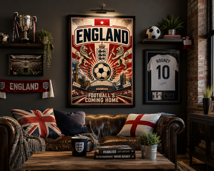 England Three Lions football wall art with Wembley Stadium Big Ben and Tower Bridge illustration
