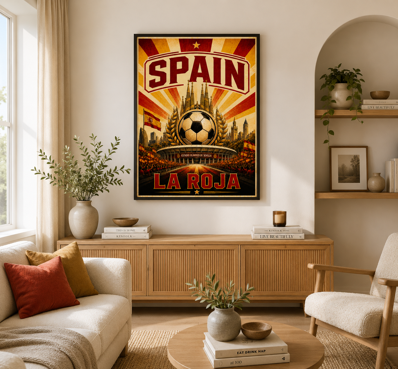 Spain World Cup football wall art print in red and gold featuring football and Spanish architecture