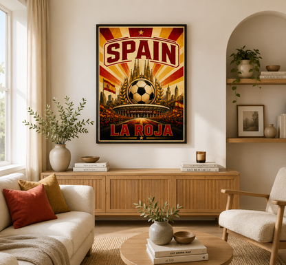 Spain World Cup football wall art print in red and gold featuring football and Spanish architecture