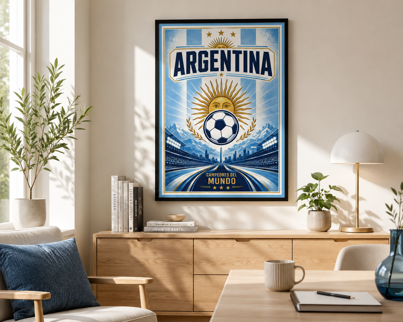 Framed Argentina national team wall art showcasing football-inspired graphics in blue, white and gold colours, perfect for football fans and sports-themed interiors.