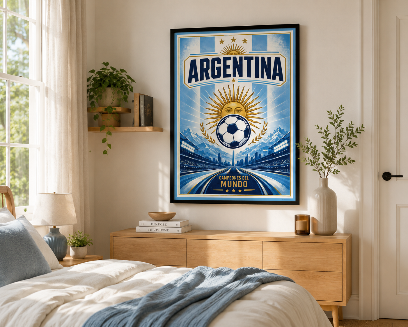 Argentina World Cup inspired football poster featuring vintage sports artwork, bold national colours and premium football wall decor for home offices and games rooms.