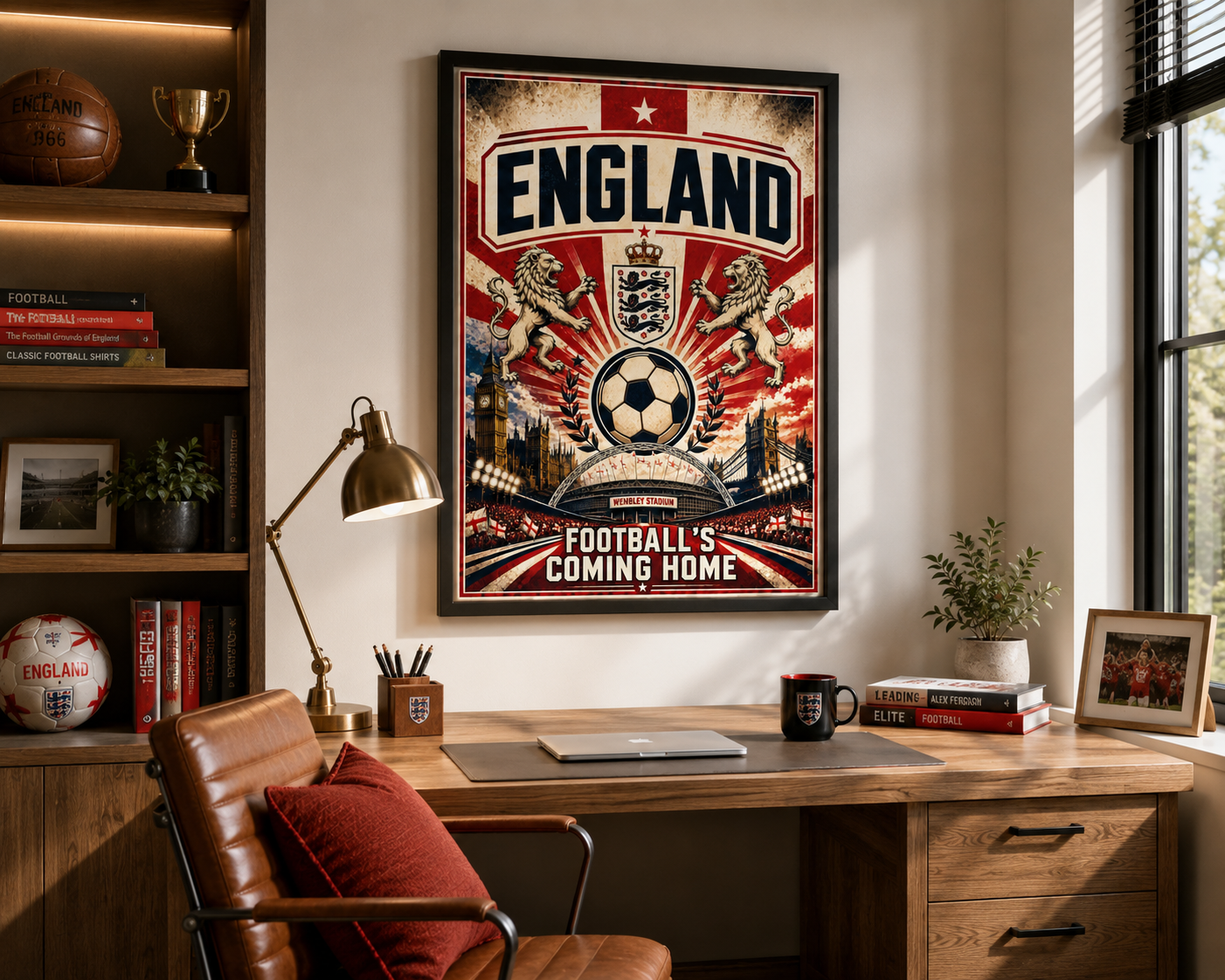 Framed England Football’s Coming Home poster displayed above a stylish home office desk, featuring Wembley Stadium, the Three Lions crest and iconic London landmarks in vintage red, white and blue colours.
