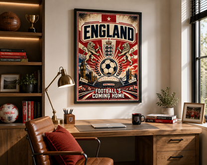 Framed England Football’s Coming Home poster displayed above a stylish home office desk, featuring Wembley Stadium, the Three Lions crest and iconic London landmarks in vintage red, white and blue colours.