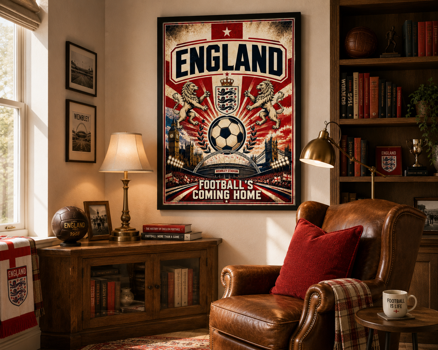 England Football Poster displayed in a classic English-inspired home office featuring warm oak furniture, a leather armchair, red accent cushion and vintage football memorabilia. Framed Wembley Stadium wall art celebrating England football heritage.