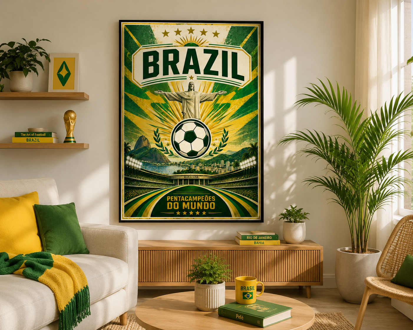 Brazil football wall art print in green and gold featuring iconic Brazilian landmarks and football imagery