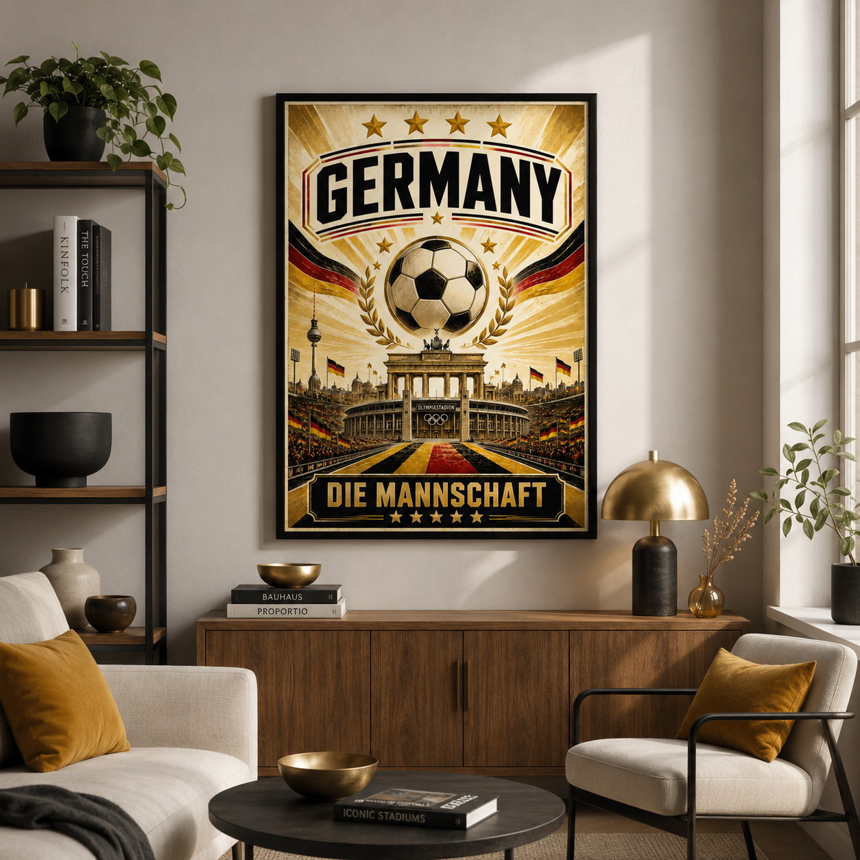 Vintage Germany football poster featuring football stadium artwork and Die Mannschaft typography