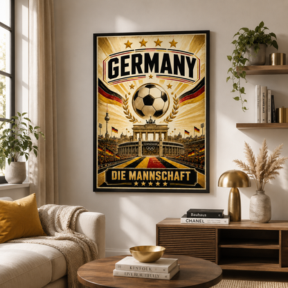 Germany World Cup football wall art print with four stars black red and gold football design
