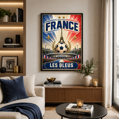 France World Cup football wall art print with blue white and red vintage sports design