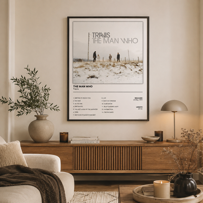 **Modern indie rock music poster inspired by Travis The Man Who displayed in contemporary home décor.