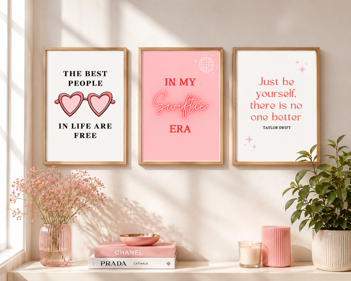 Preppy coquette music wall art set with pink aesthetic prints for bedrooms and dressing rooms.