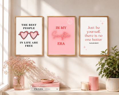 Preppy coquette music wall art set with pink aesthetic prints for bedrooms and dressing rooms.