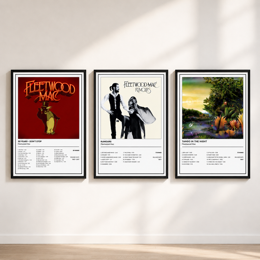 Fleetwood Mac album print collection featuring Don't Stop, Rumours and Tango In The Night music wall art in black frames displayed together.