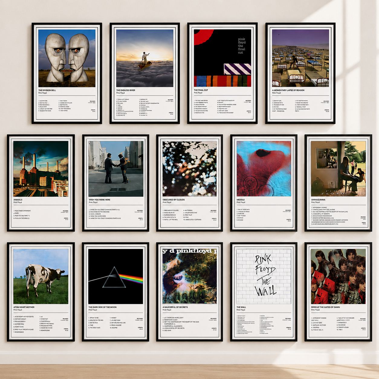 Pink Floyd album print collection featuring iconic studio album artwork including The Wall, Wish You Were Here, Animals and The Dark Side of the Moon music wall art.