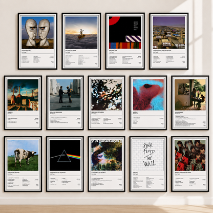 Pink Floyd album print collection featuring iconic studio album artwork including The Wall, Wish You Were Here, Animals and The Dark Side of the Moon music wall art.